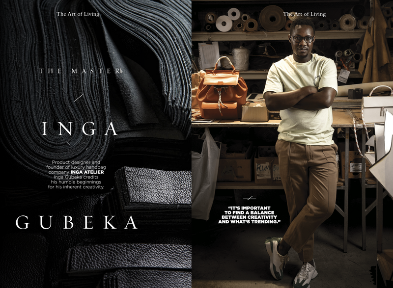 Founder in a workshop with leather products and text about 'The Masters' and 'INGA GUBEKA'.
